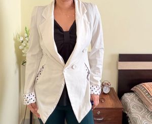 Elegant White Blazer with Polka Dot Detail