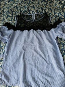 Blue Striped Cold Shoulder Top