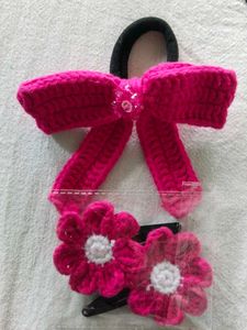 Crocheted Hair Bow & Flower Clips Set