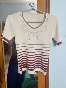 Striped Embellished Knit Top