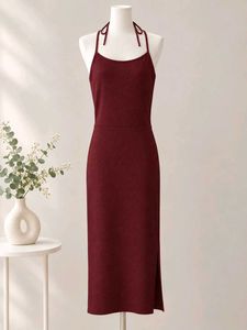 Backless Maroon Halter Neck Midi Dress