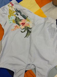 Striped One-Shoulder Top with Embroidery