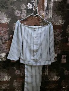 Grey Striped Off-Shoulder Co-ord Set