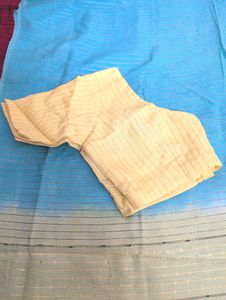 Blue &amp; Green Striped Saree with Yellow Blouse