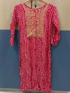 Red Bandhani Kurta with Gold Embroidery