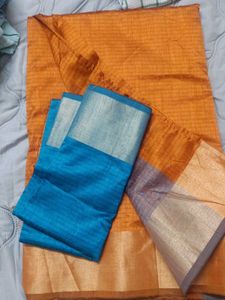 new orange saree with blue blouse material