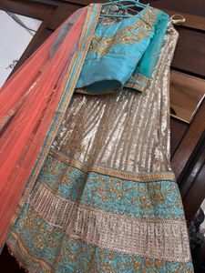 Teal &amp; Gold Lehenga Set