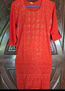 Red Chikenkari Kurta