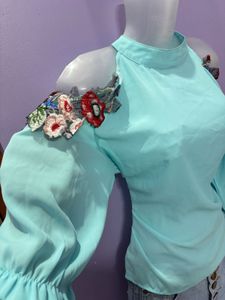 Blue Embellished Cold Shoulder Top