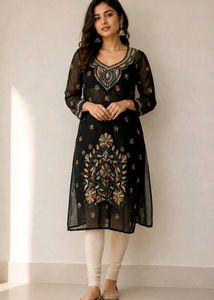 Embroidered Black Sheer Kurta