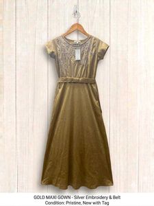 Gold Maxi Gown with Silver Embroidery