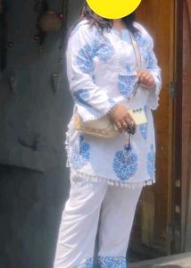 Elegant White & Blue Embroidered Kurta Set