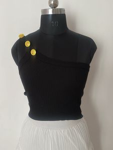 Chic Black One-Shoulder Top with Gold Buttons