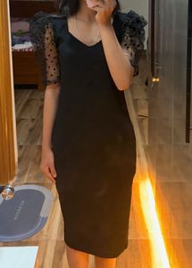 Chic Black Puff Sleeve Dress with Stockings