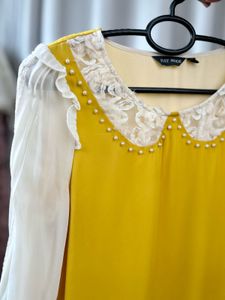 Yellow &amp; White Lace Pearl Embellished Top