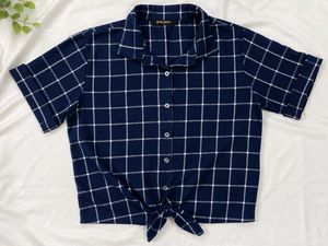 Blue Checked Tie-Front Shirt