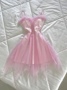 baby pink fur mini asymmetrical babydoll dress