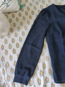 Navy Blue Textured V-Neck Top