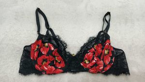Black Floral Print Lace Trim Bra