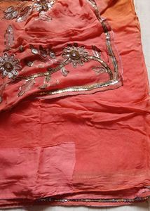 Embellished Saree - Coral &amp; Mustard