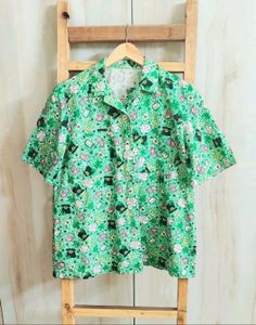 Vibrant Green Short Sleeve Button-Up Shirt Size-38