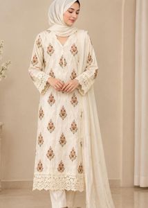 Embroidered Cream lace kurti with trouser