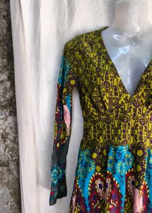 Boho Print Long Sleeve V-Neck Dress