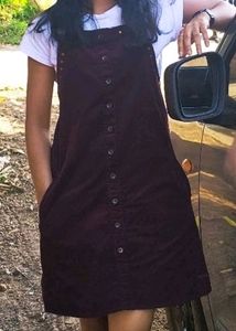 Retro Plum Corduroy Studded Pinafore Dress
