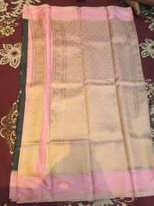 Dark Green &amp; Light Pink Gajii Saree