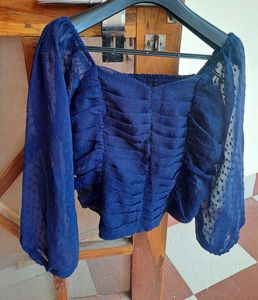 Navy Blue Sheer Sleeve Top