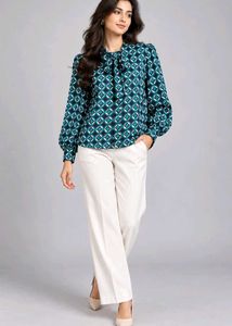 Geometric Print Bow Neck Blouse