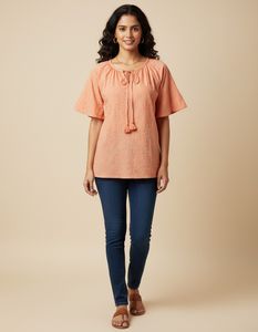 Embroidered Peach  Top with bell sleeves