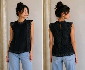 Black Lace Pleated Top