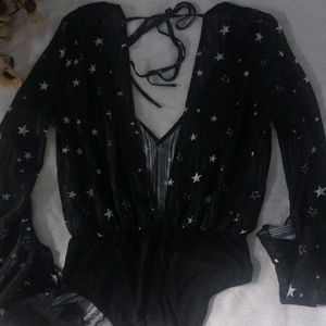 Black Star Print Bell Sleeve Bodysuit