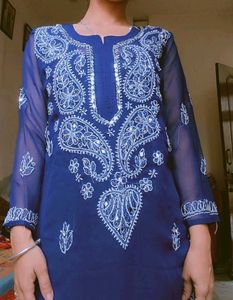 Elegant Blue Chikankari Kurta with Mirror Work