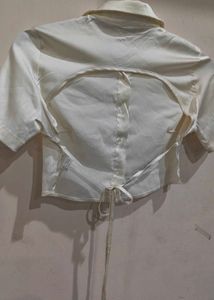 Cream Satin Cropped Button-Up Shirt
