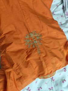 Orange Embroidered Kurta With Skirt