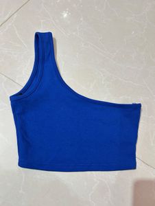 Blue One-Shoulder Ribbed Crop Top