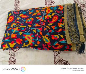 Vibrant Floral Print Navy Blue Saree