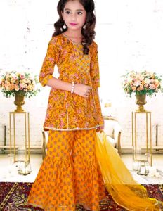Girls Orange Printed Kurta with Sharara