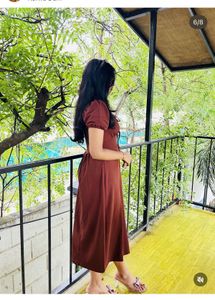 Chic Brown Puff Sleeve Midi Dress