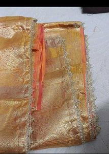 Elegant Yellow &amp; Gold Saree With Red Tint