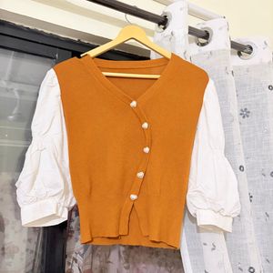 Cute Orange Cardigan with Puff Sleeves