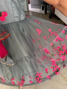 Grey Net gown with Pink Floral Embroidery