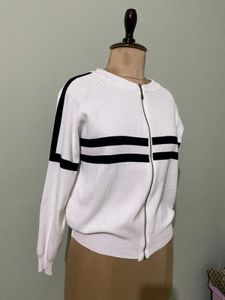 White &amp; Black Striped Zip-Up Sweater