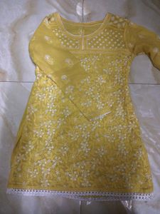 Lemon Yellow Heavy Chikankari Kurti with Lace
