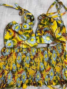 Yellow Floral Tie-Up Bikini Top