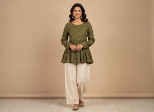 Olive Green Embroidered Peplum Kurta