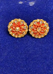 Elegant orange Meenakari Kundan Stud Earrings for