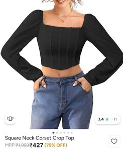 Black Square Neck Corset ,pull sleeves Crop Top